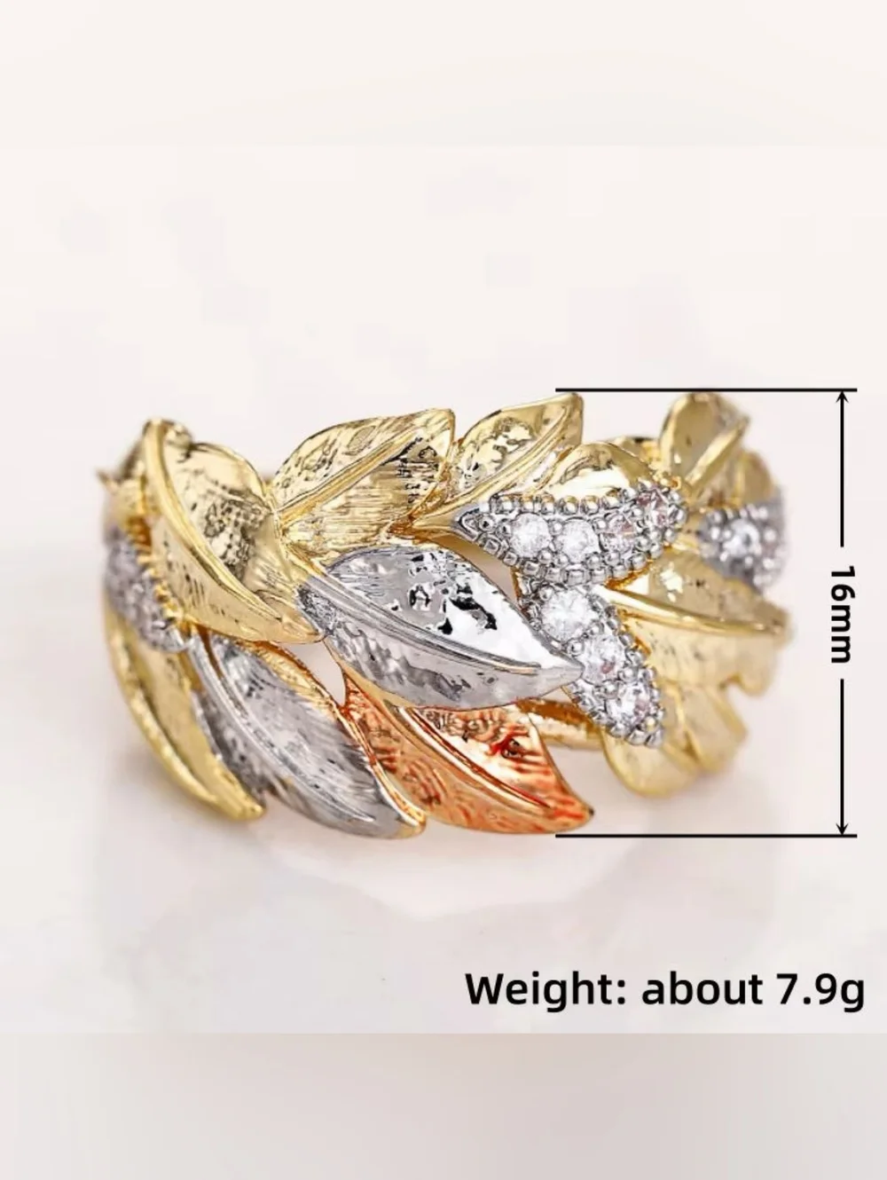 Tri-Tone Leaf Ring with Crystal Accents - Gold, Silver & Rose Gold